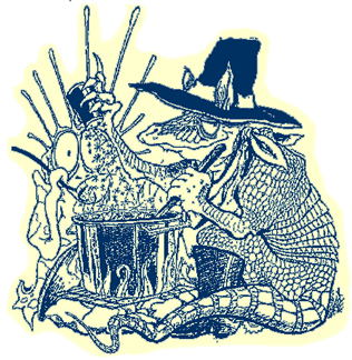 [Graphic: line drawing of an anthropomorphic witch armadillo, seasoning a pot of chili which is being tasted by an alien. Artist: Sherlock, Texas]